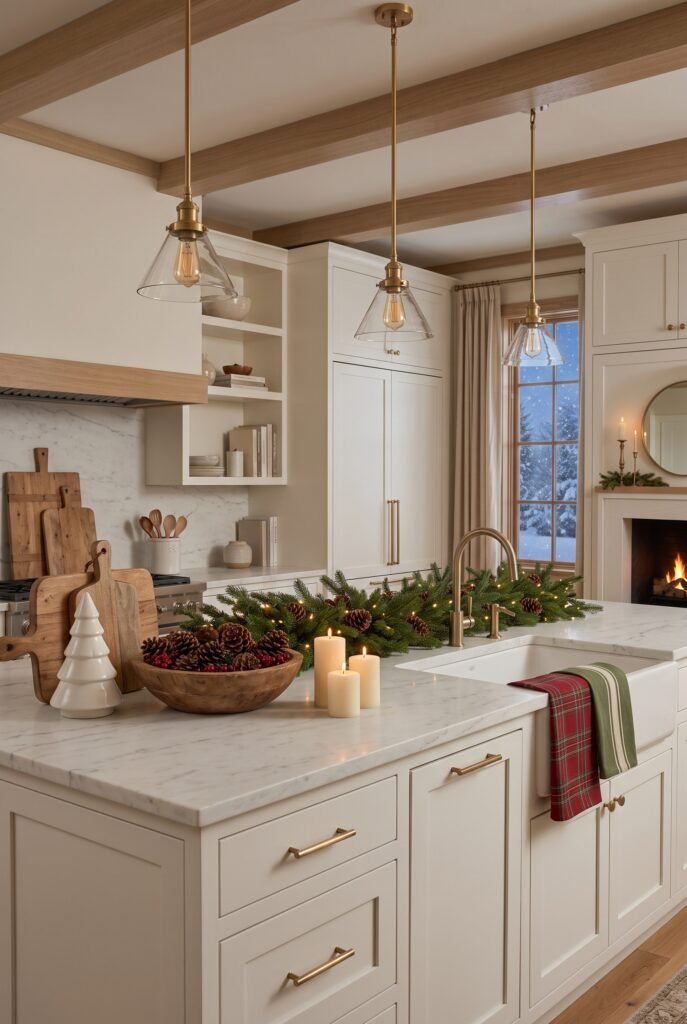 Christmas stockings displayed on a mantel with greenery and warm lights
