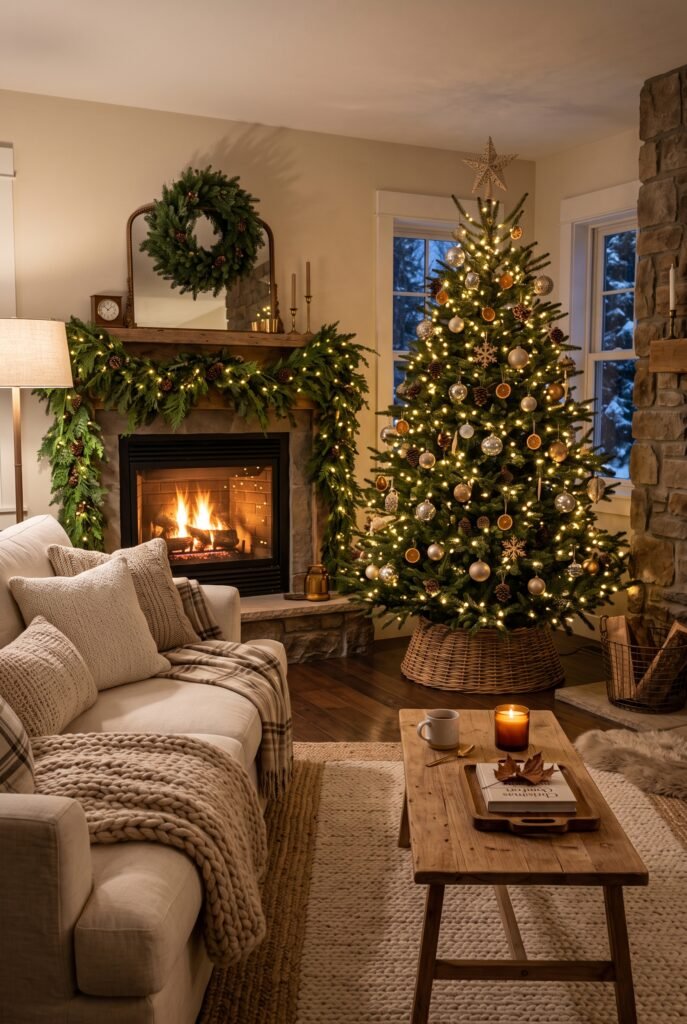 Cozy living room illuminated by warm white Christmas lights