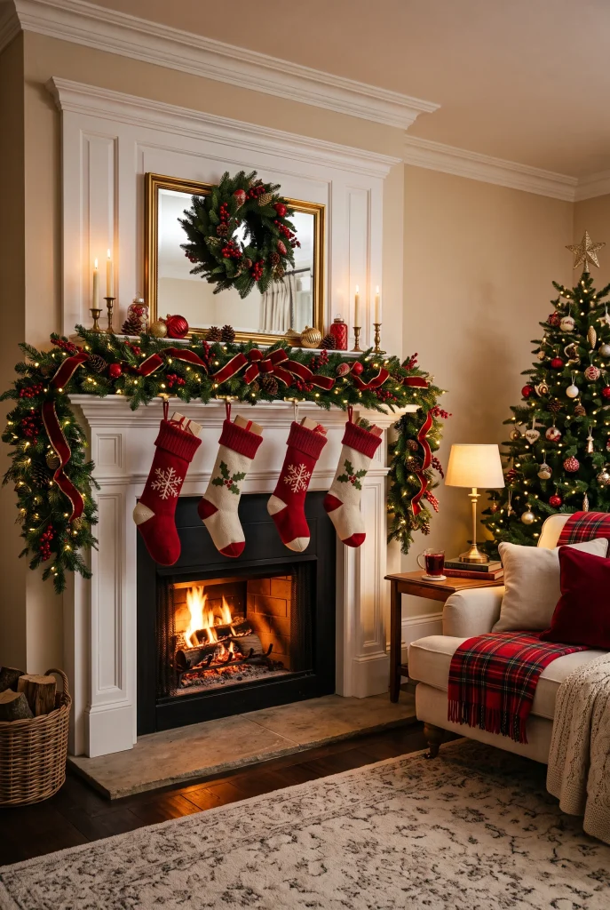 Classic Christmas mantel with evergreen garland, red velvet ribbon, stockings, pinecones, and warm lights