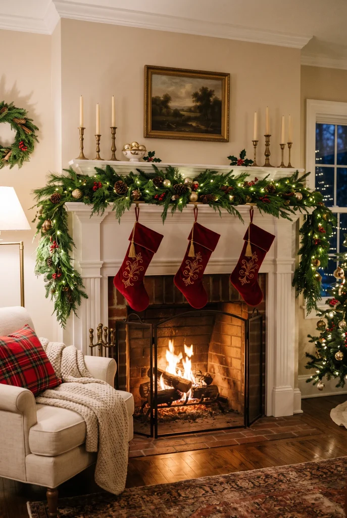Classic Christmas fireplace with evergreen garland, red stockings, and warm lights