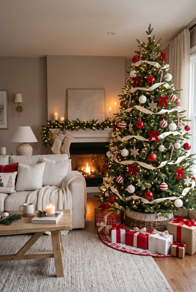 Classic Christmas tree decorated with red and white ornaments and candy cane accents