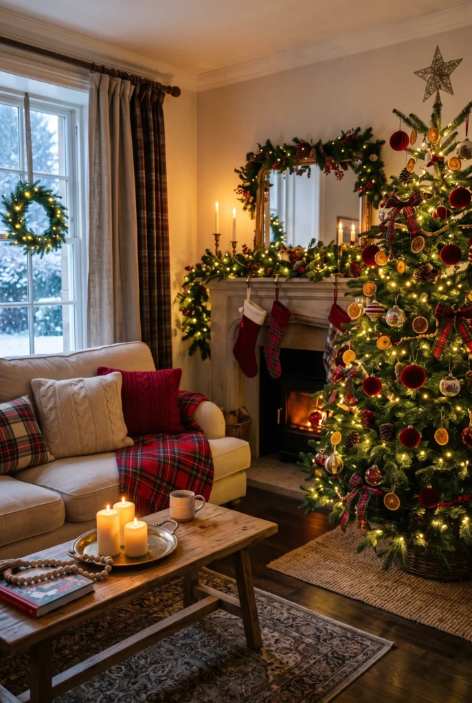 Classic Christmas living room with green tree, warm lights, and festive red and cream decor