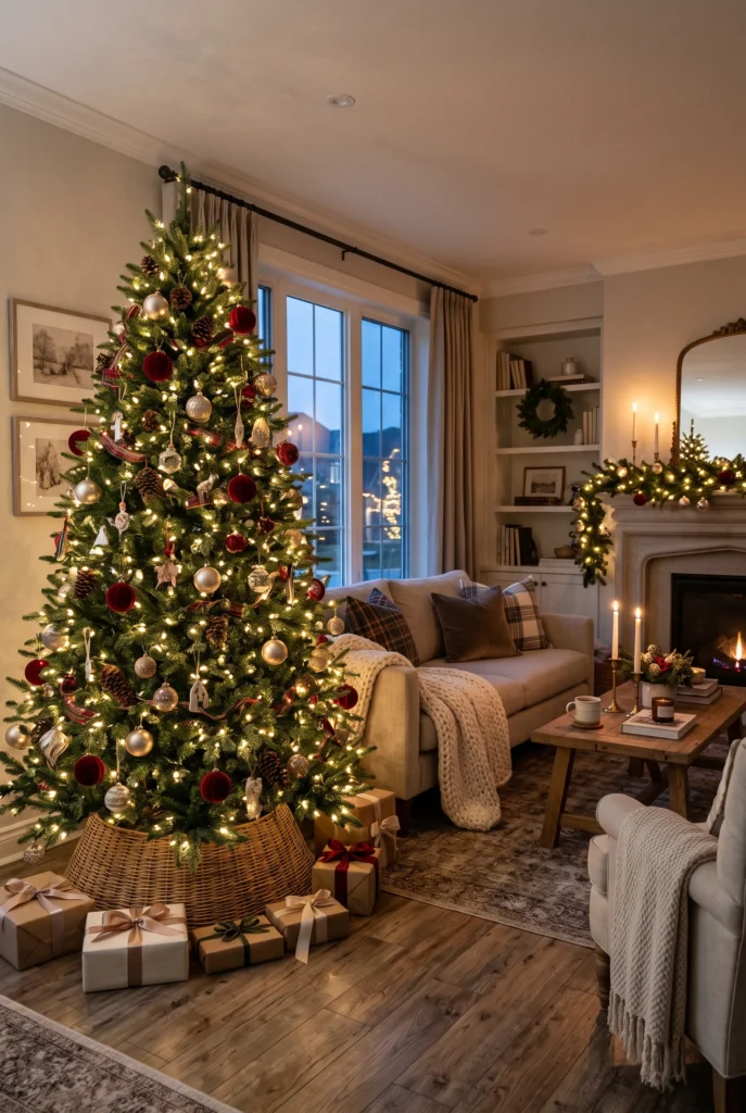 Classic Christmas tree with warm lights, red ornaments, greenery, and cozy living room decor