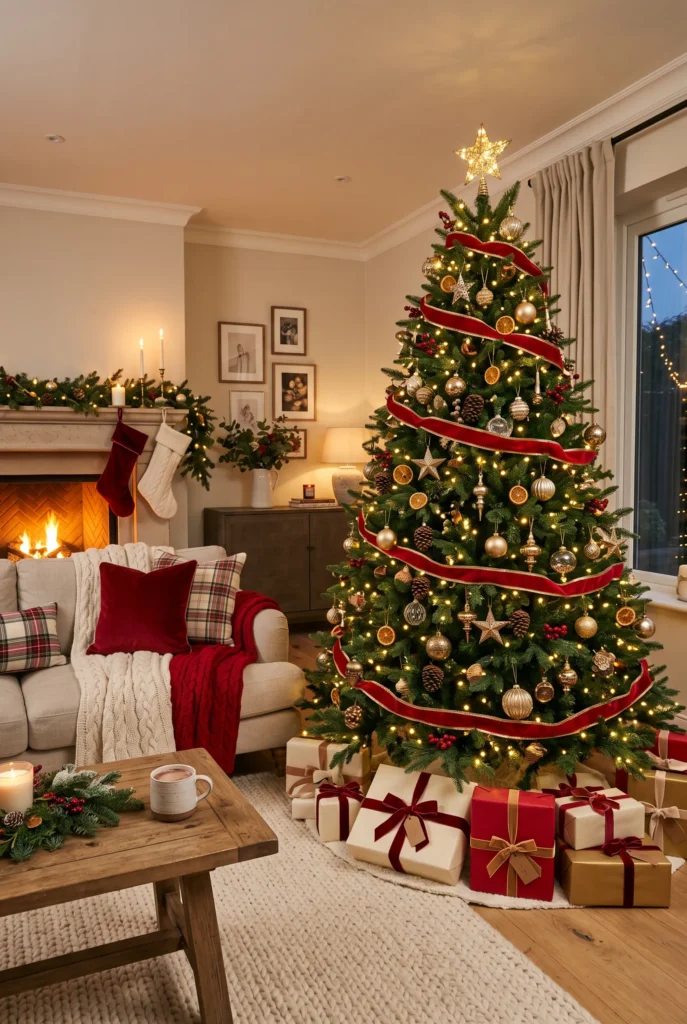 Classic Christmas living room with a decorated evergreen tree and warm white lights