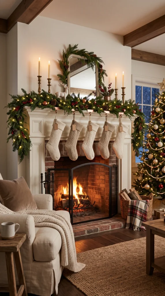Cozy Christmas fireplace mantel decorated with evergreen garland and stockings