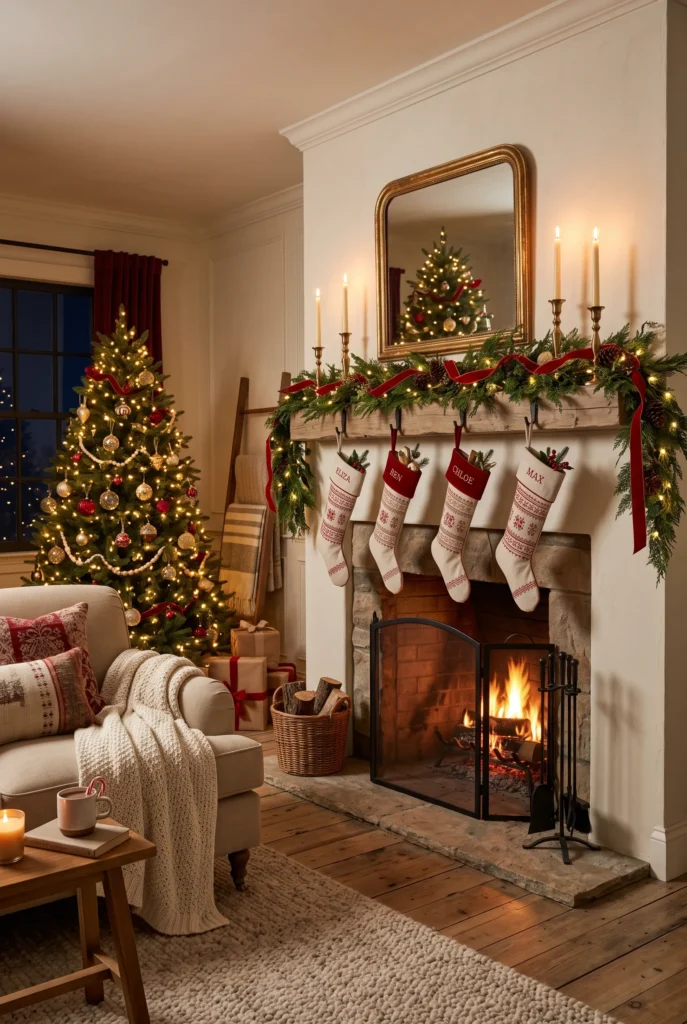 Warm neutral Christmas tree with cream, green, and natural ornaments in a cozy living room