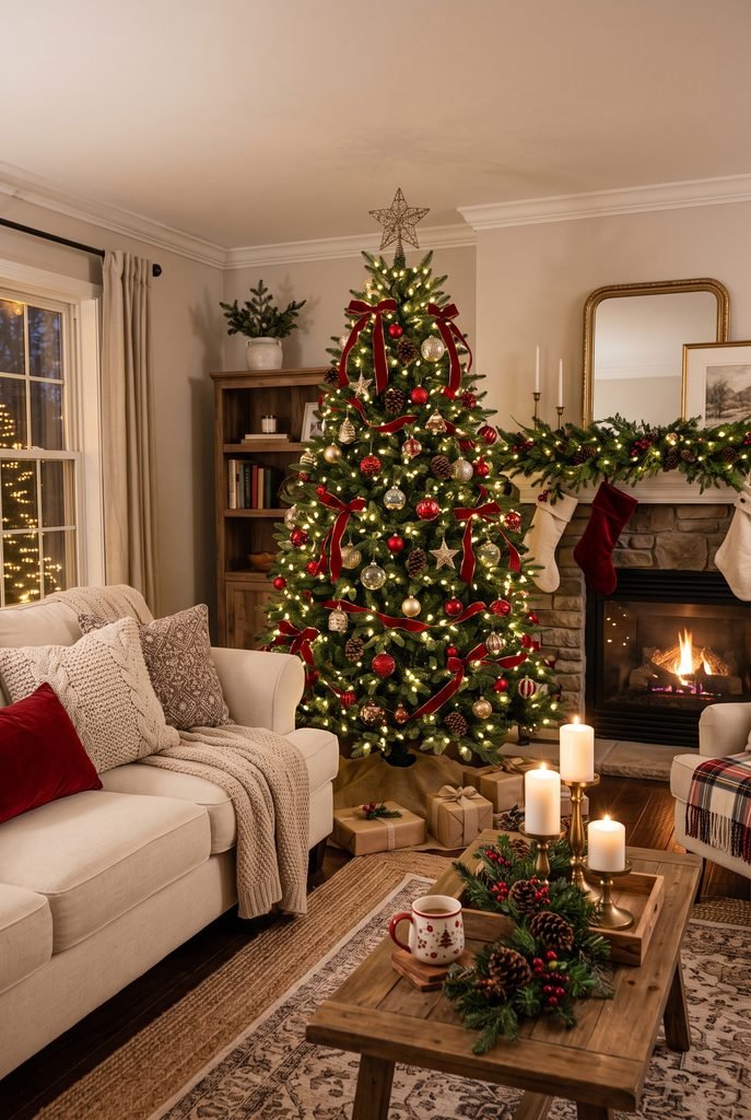 Traditional Christmas living room with a warm glowing evergreen tree and red and gold ornaments
