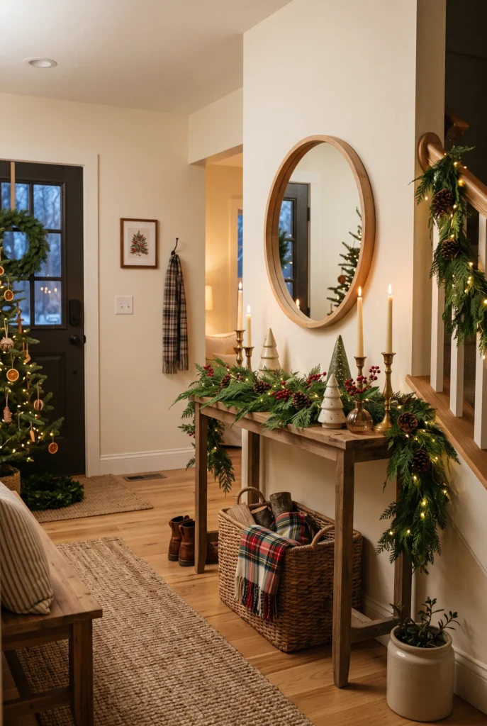 Christmas entryway with evergreen branches, pinecones, candles, and festive seasonal accents