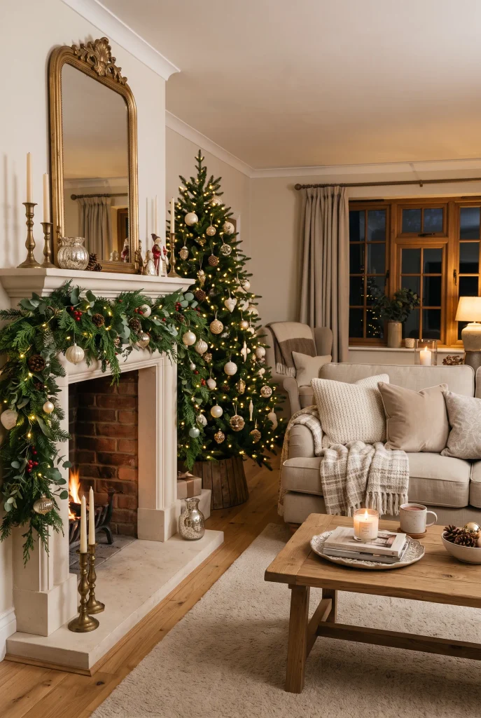 Christmas living room with evergreen garland decorating a traditional fireplace mantel