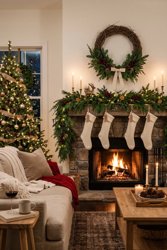 Christmas living room mantel decorated with evergreen garland, warm lights, berries, and stockings