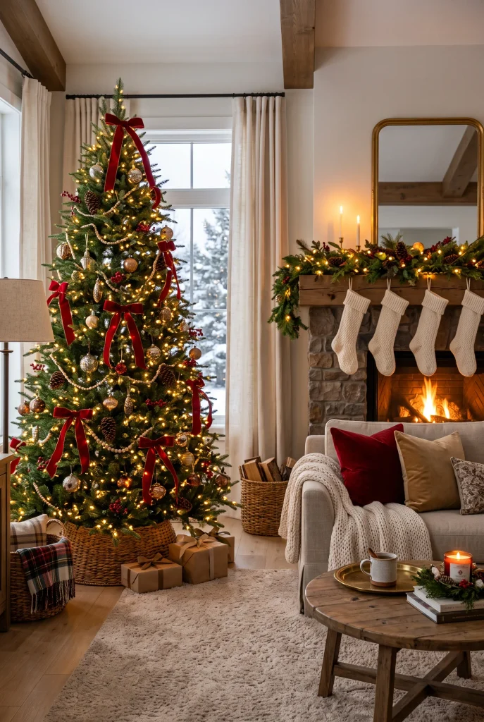 Traditional Christmas living room with warm lights, red ribbon tree, and evergreen decorations