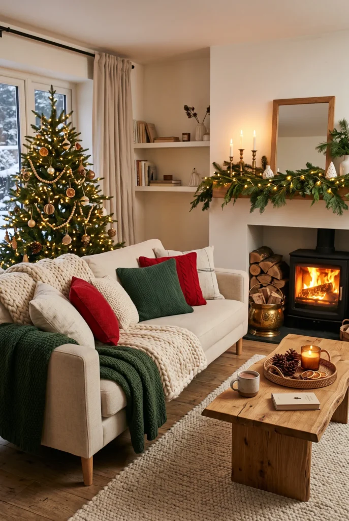 Image 1:
Cozy Christmas living room with layered knit blankets, seasonal pillows, greenery, and warm lighting.