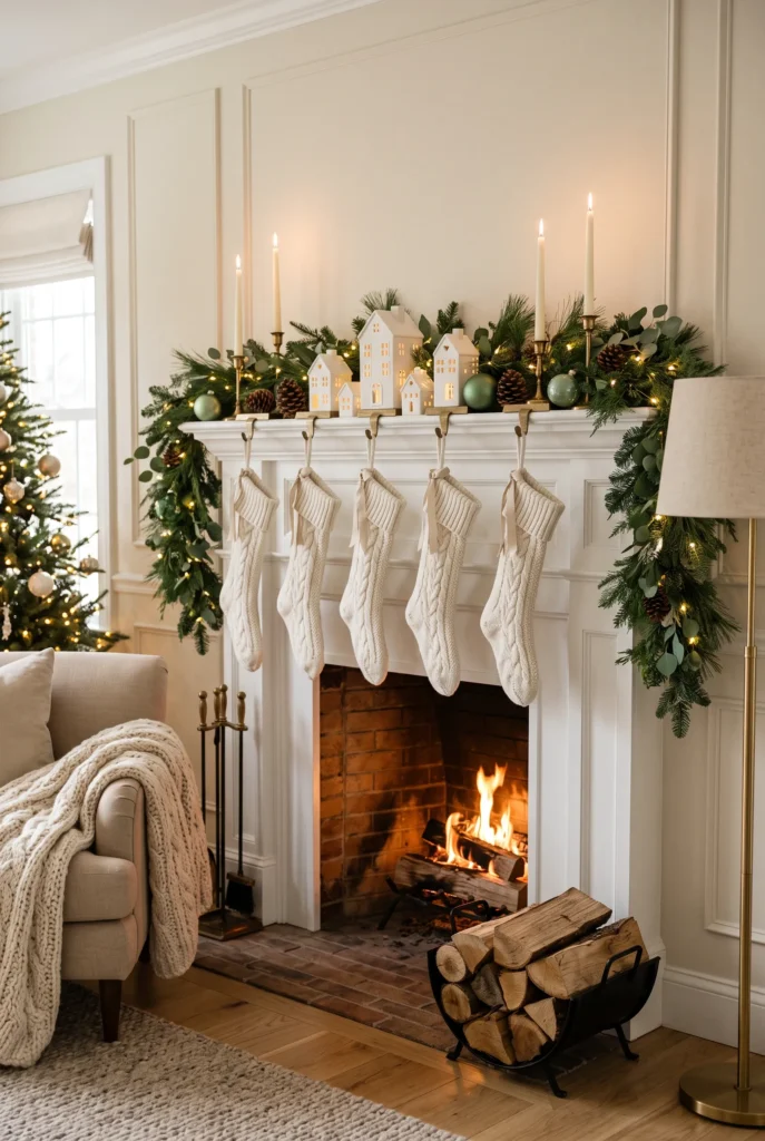 Classic green and white Christmas mantel with evergreen garland, candles, and ivory stockings