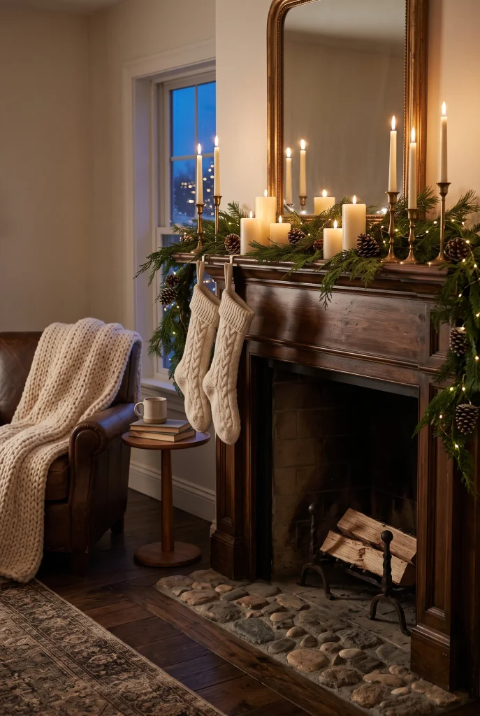 Christmas fireplace decorated with candles, greenery, and warm ambient lighting