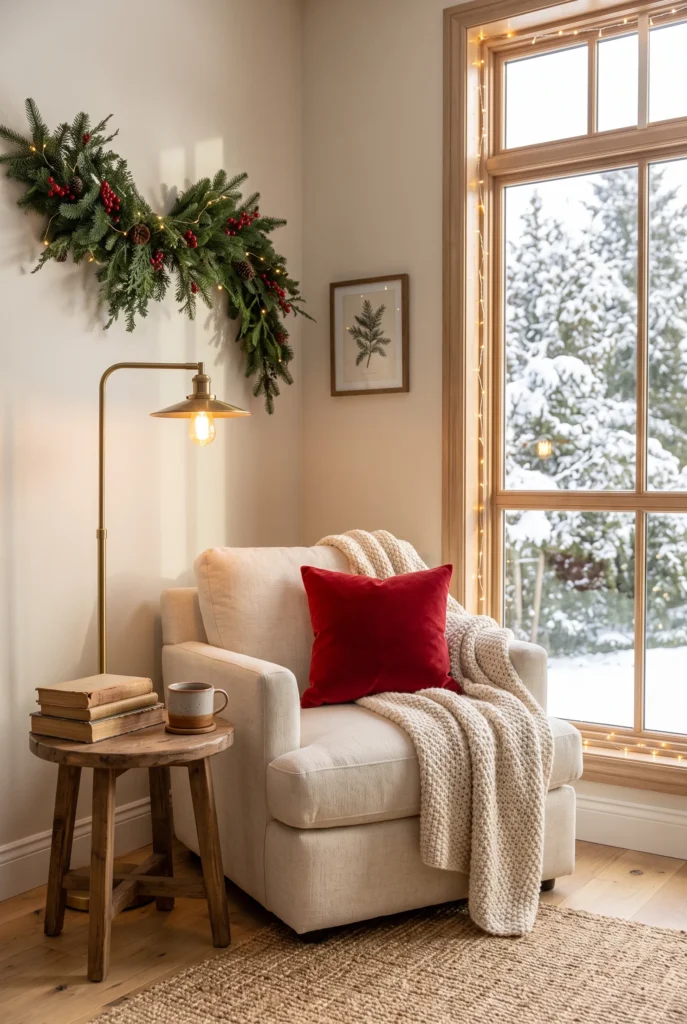 Christmas reading corner with cream armchair, knit throw, greenery, and warm lighting