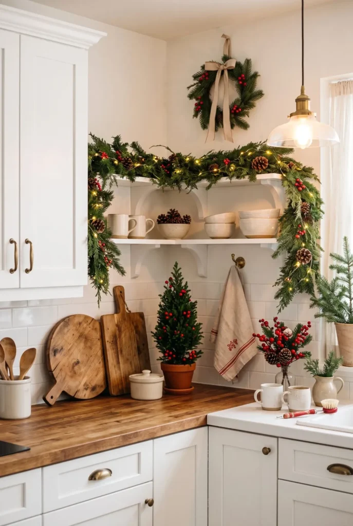 White Christmas kitchen with evergreen garland, wood accents, ceramic mugs, and festive details.