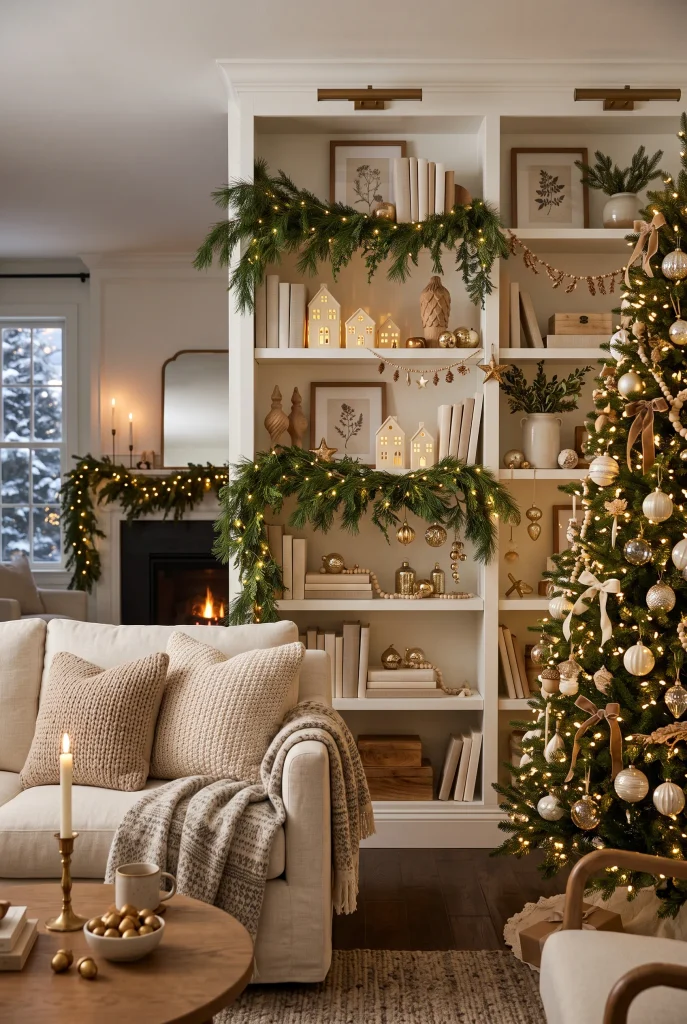 Living room bookshelves decorated with evergreen branches and subtle Christmas ornaments