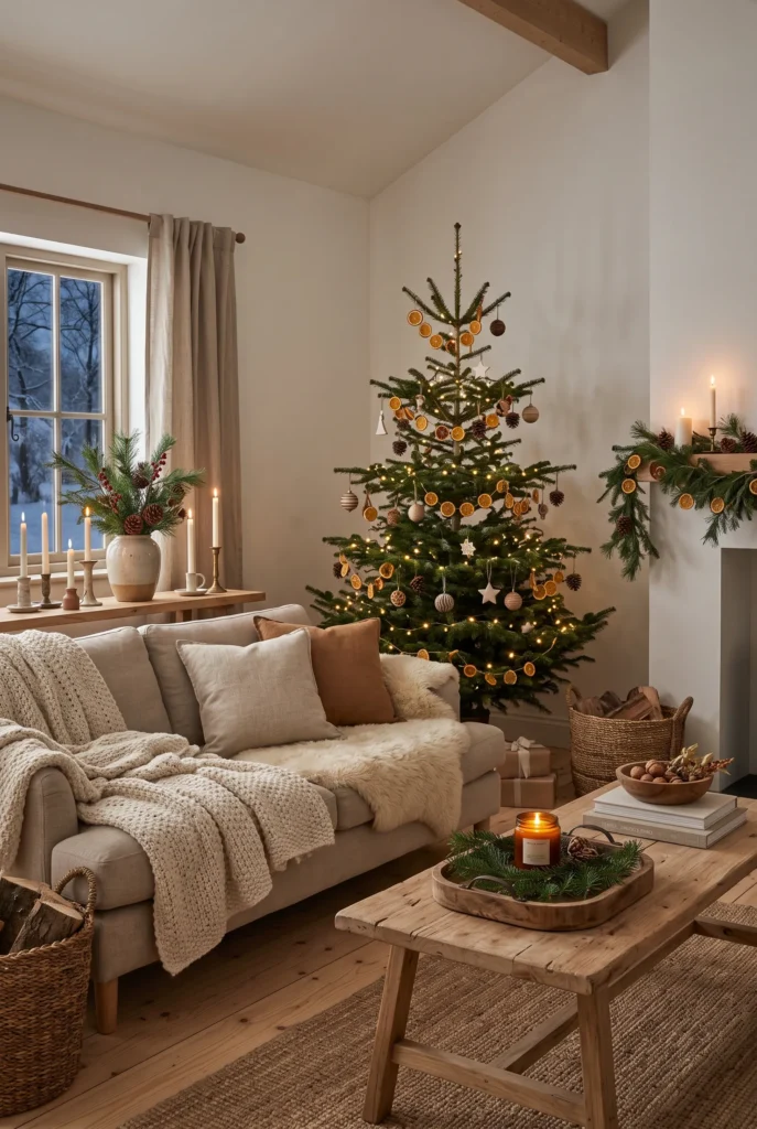 Christmas coffee table with evergreen arrangement, candles, and seasonal accessories
