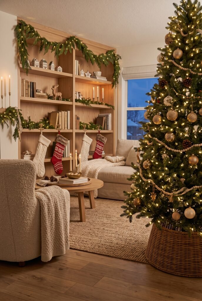 Christmas stockings displayed on a decorated bookshelf beside a tree