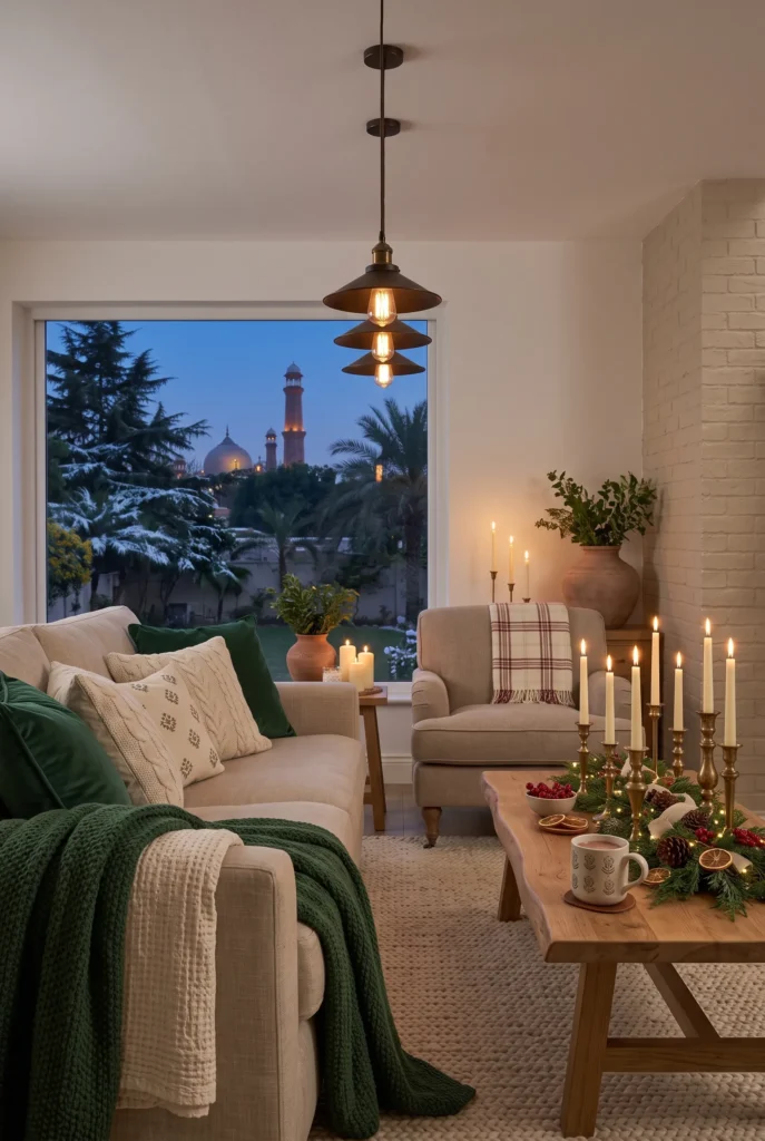 Cozy living room with layered Christmas cushions, knitted throws, and seasonal textiles