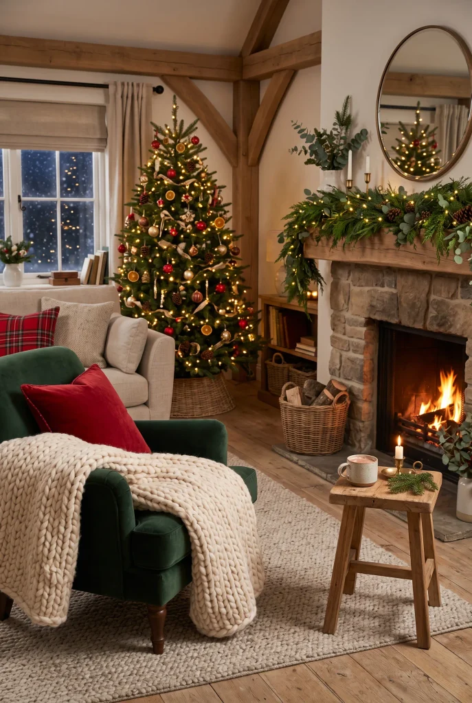 Cozy Christmas reading corner with armchair, blanket, and seasonal greenery
