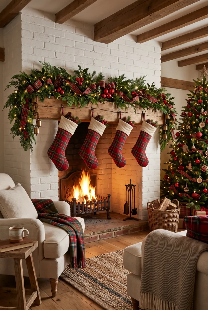 Traditional Christmas mantel with red and green plaid ribbon, stockings, pinecones, and evergreen garland