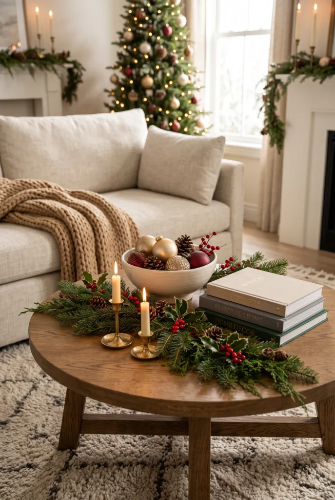 Christmas coffee table decorated with evergreen branches, candles, pinecones, and ornaments