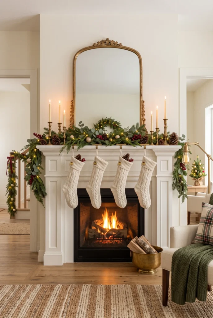 Elegant Christmas fireplace mantel decorated with evergreen garland, stockings, candles, and berries