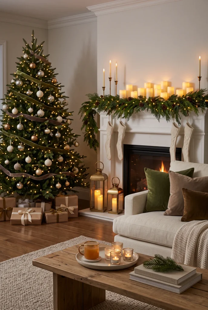 Christmas living room glowing with candles, warm lights, and evergreen decorations