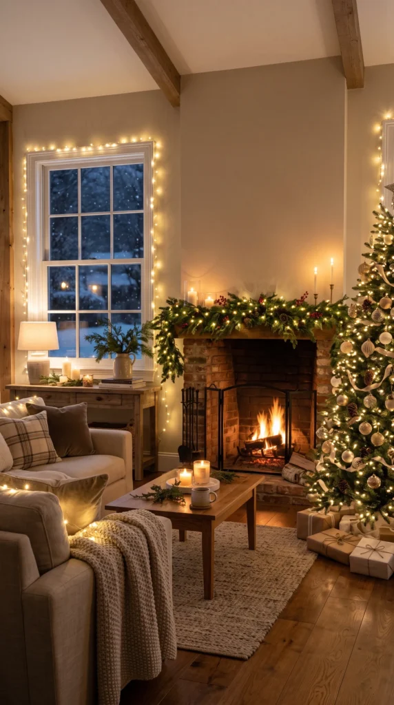 Cozy interior decorated with warm white Christmas lights
