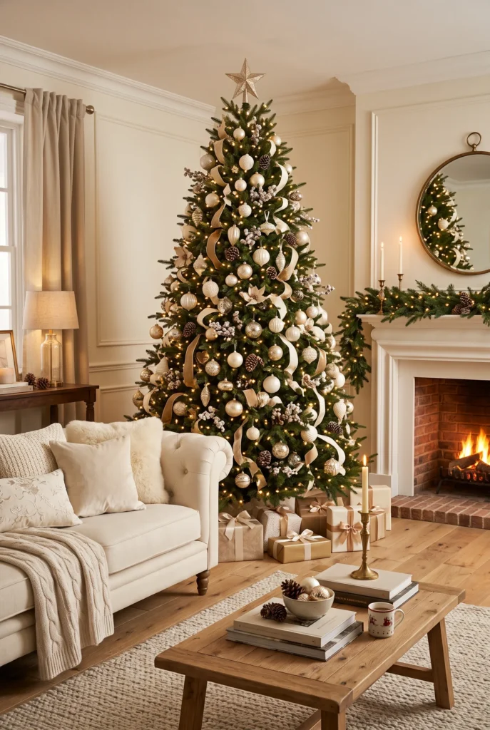 Elegant Christmas tree decorated with warm white lights, ivory ornaments, and champagne accents