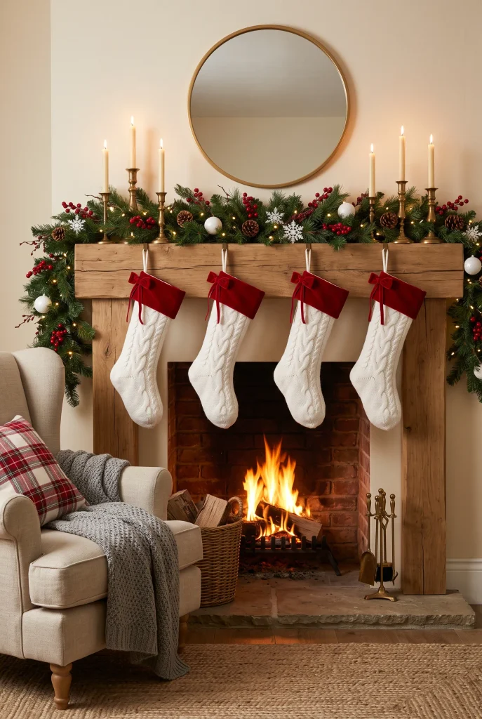 White knitted Christmas stockings with red details hanging from a decorated mantel