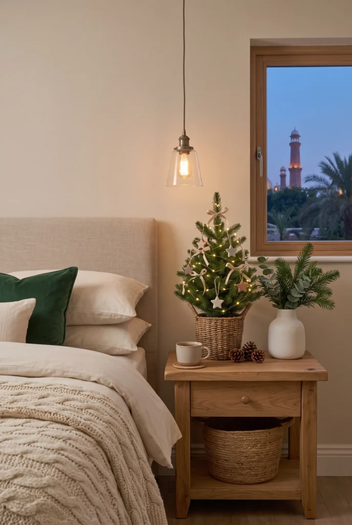 Small decorated Christmas tree in a cozy bedroom corner