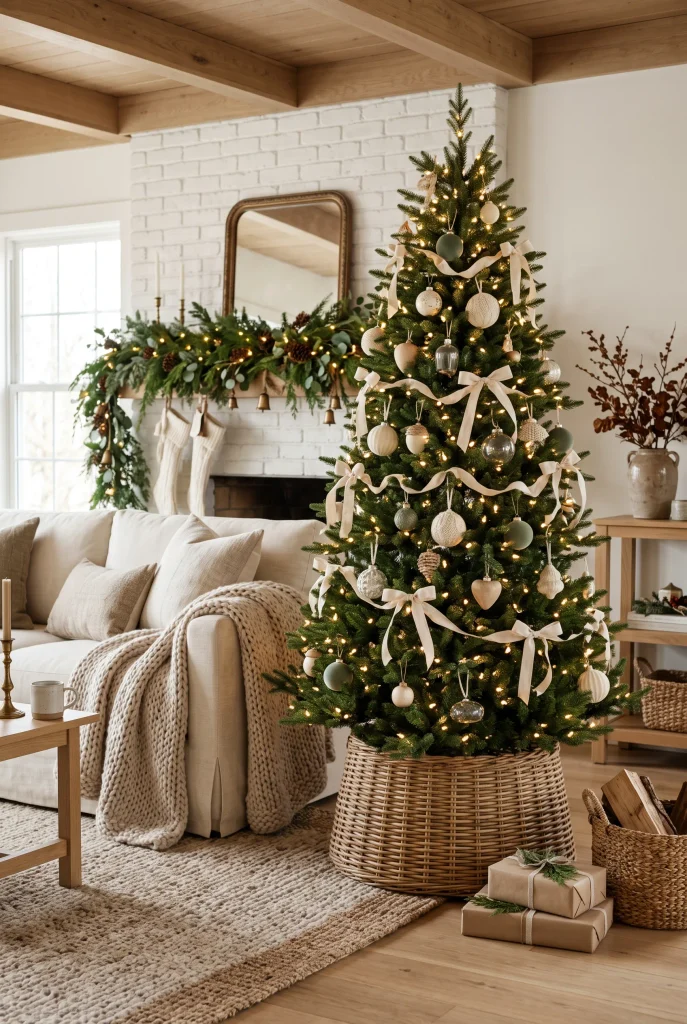 Christmas tree displayed in a natural woven basket in a cozy living room