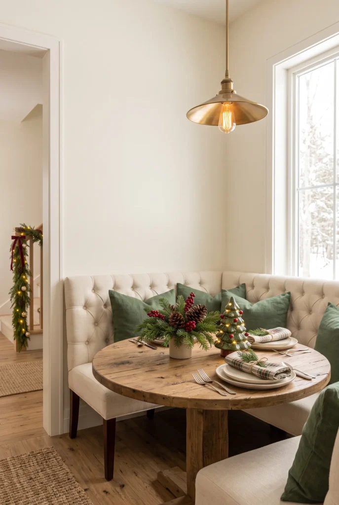 Christmas breakfast nook with wooden table, evergreen centerpiece, plaid accents, and festive decor