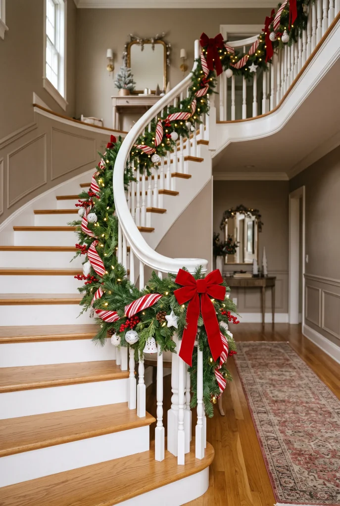 Staircase decorated with evergreen garland, red bows, and candy cane striped ribbon