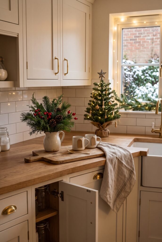 Kitchen counter decorated with evergreen branches, mugs, and a small Christmas tree