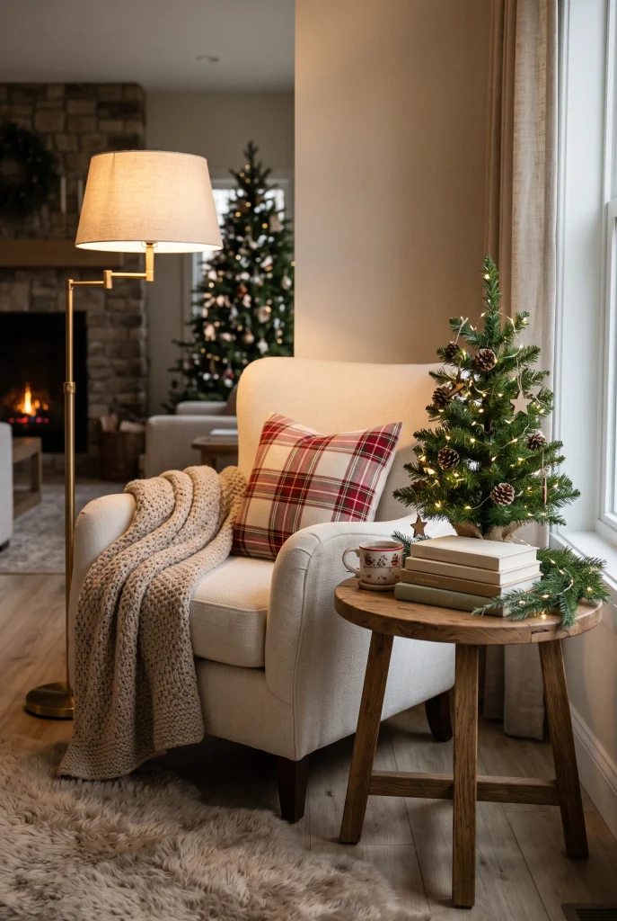 Open living room shelving decorated with small Christmas trees and greenery
