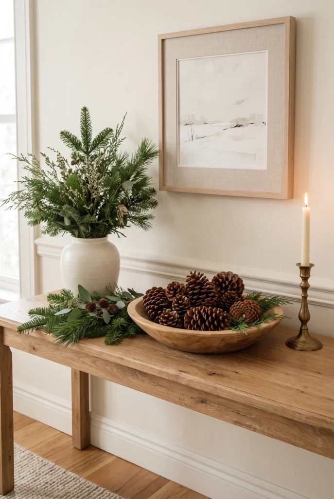 Natural pinecones arranged with evergreen branches and Christmas decor on a wooden console