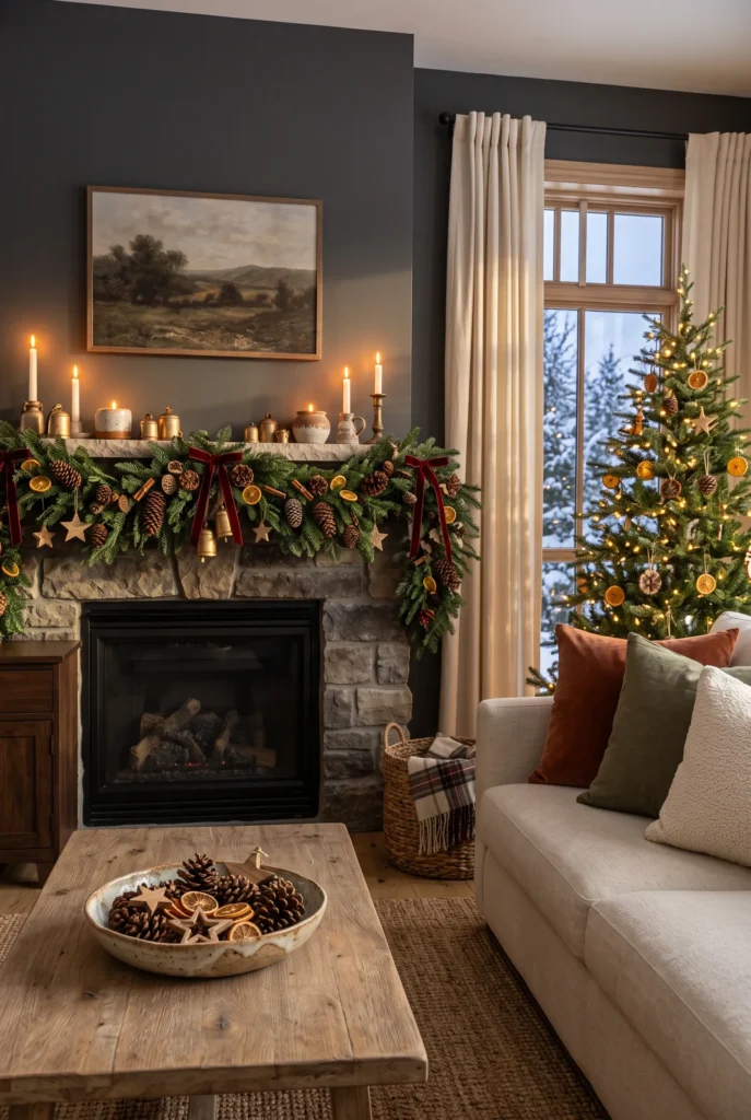 Natural pinecones arranged with evergreen branches and rustic Christmas decorations
