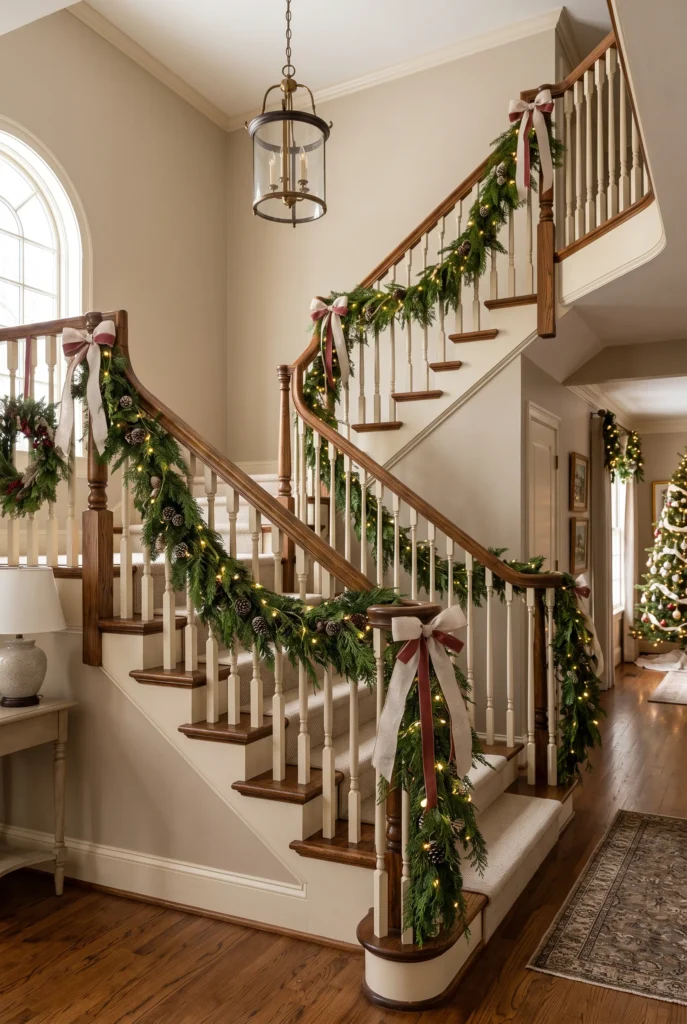 Christmas staircase decorated with evergreen garland, warm lights, ribbons, and pinecones