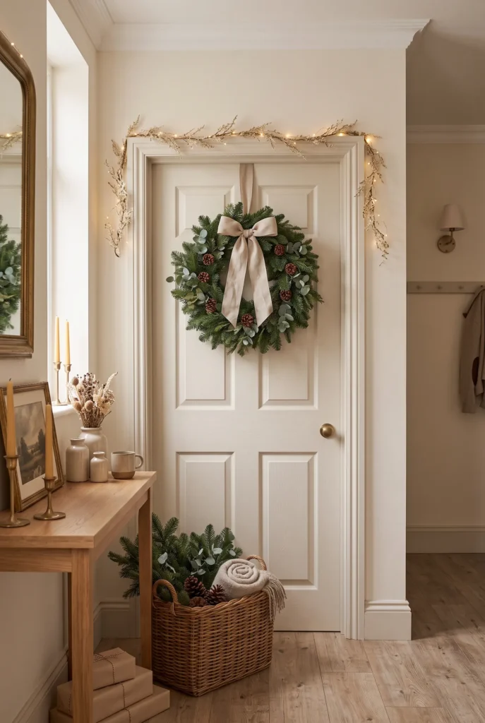 Interior door decorated with an evergreen Christmas wreath and natural linen ribbon.