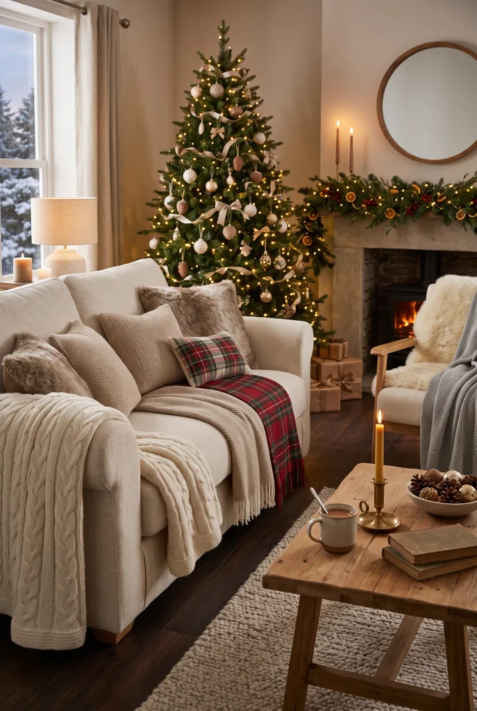 Cream sofa and accent chair layered with soft textured Christmas throws