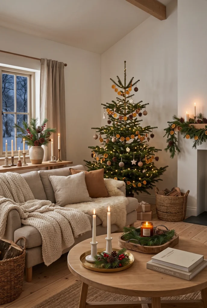 Christmas living room decorated with red velvet ribbon and warm tree lights