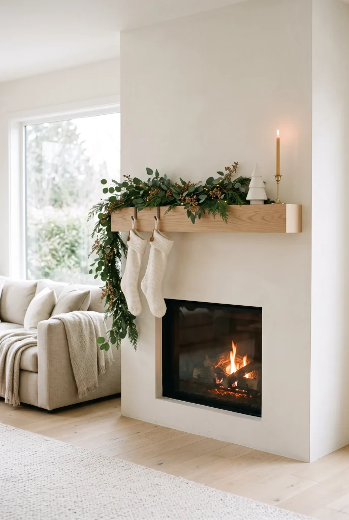 Minimalist fireplace mantel with simple greenery and neutral Christmas decorations