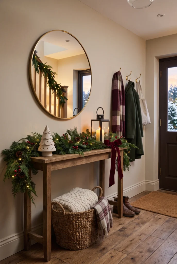 Christmas entryway decorated with greenery, lantern, and seasonal accents