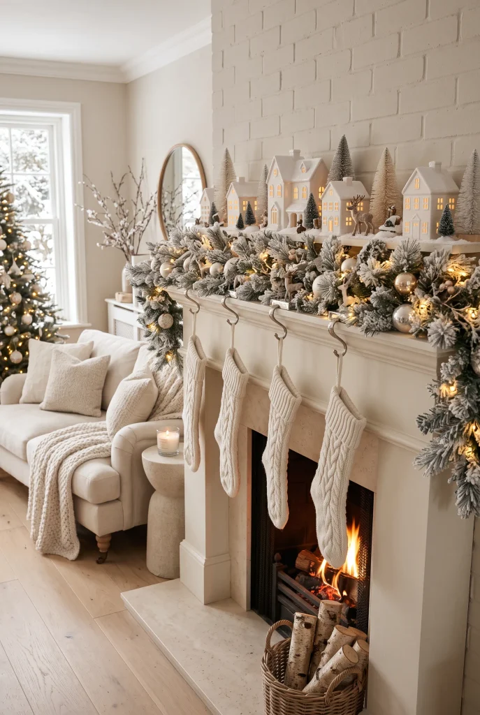 White Christmas village mantel with ceramic houses, miniature trees, greenery, and warm lights