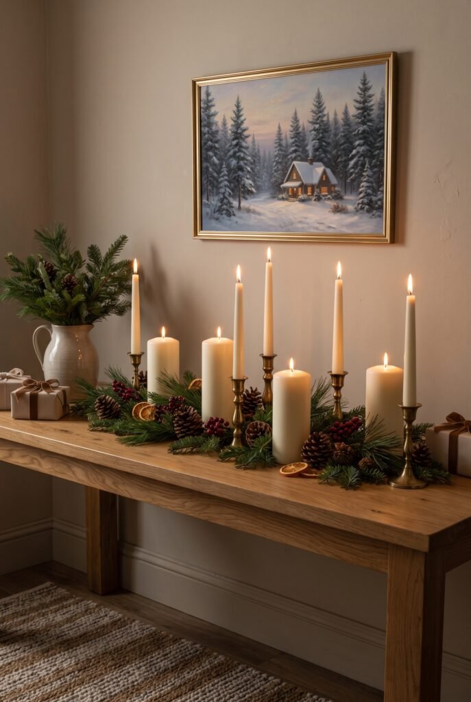 Christmas candle arrangement with greenery, pinecones, berries, and brass holders