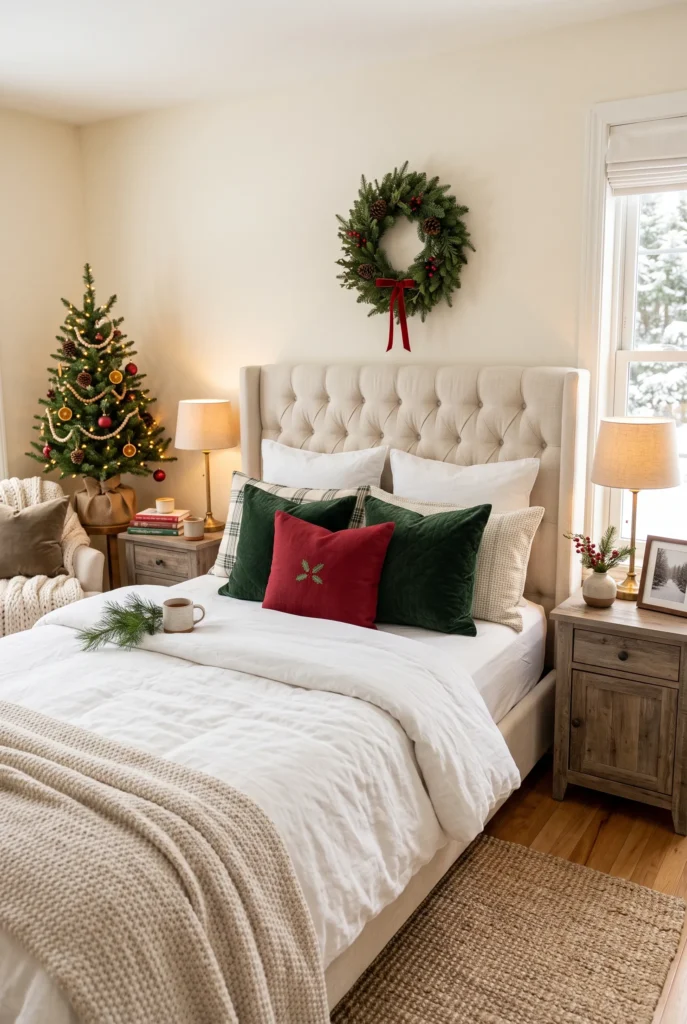 Cozy Christmas bedroom with wreath, green pillows, knitted throw, and small Christmas tree