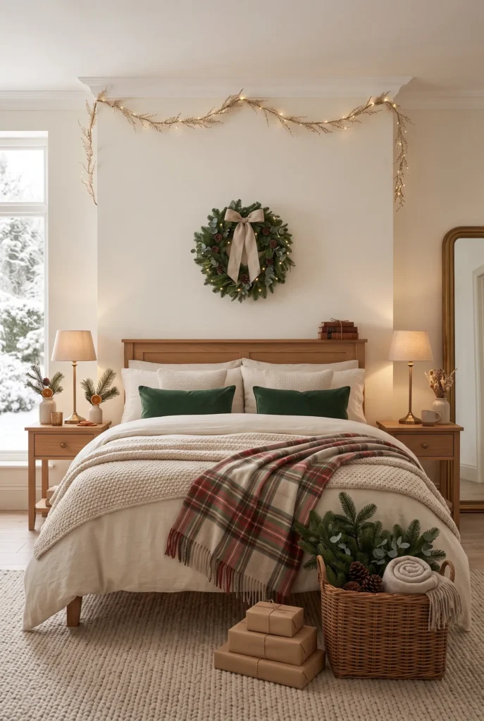 Cozy Christmas bedroom with cream bedding, green cushions, plaid throw, and evergreen wreath.